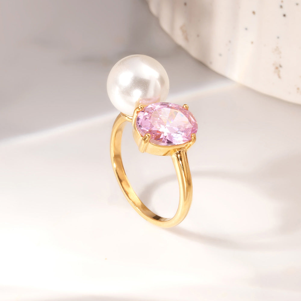 Elegant Pink Crystal & Pearl Ring