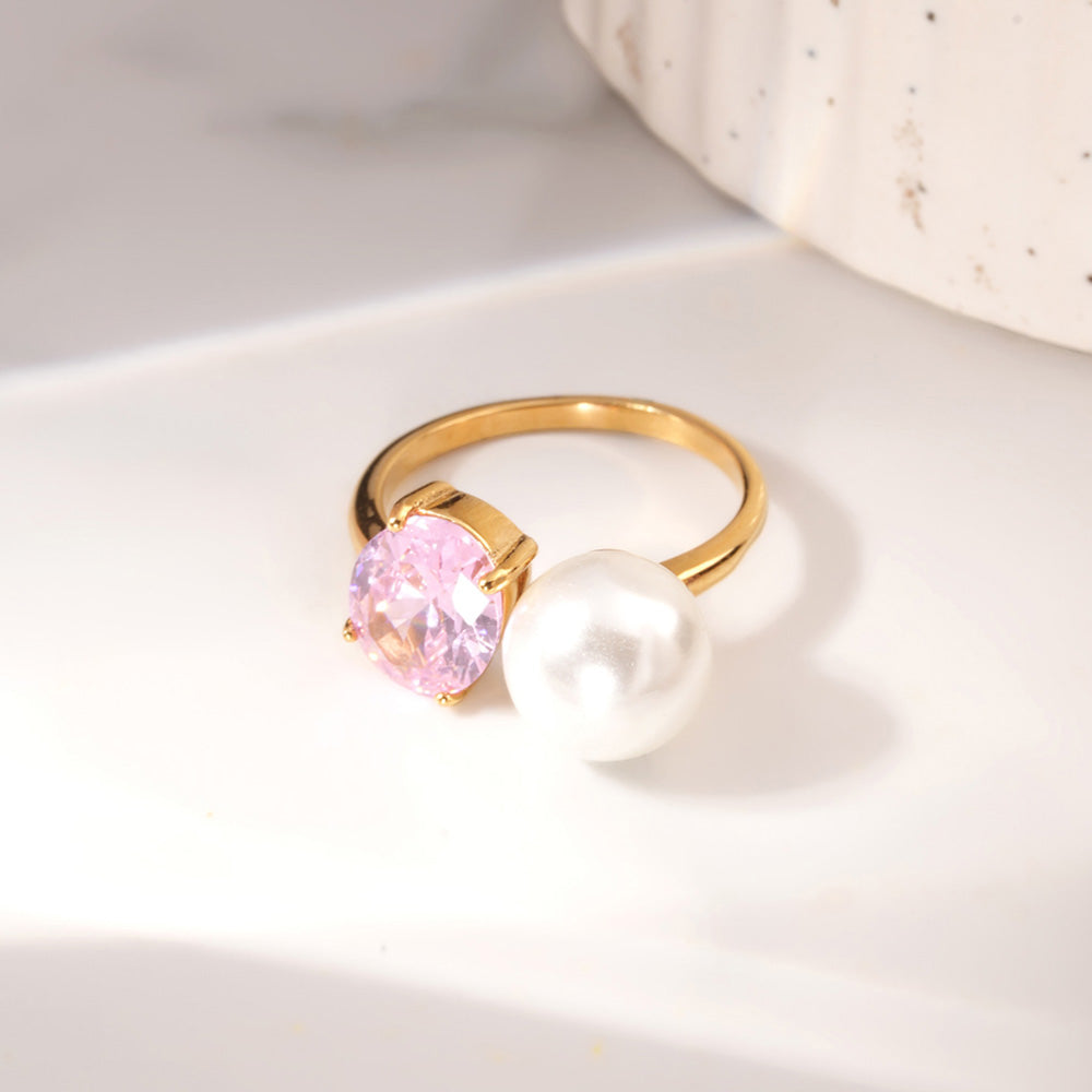 Elegant Pink Crystal & Pearl Ring
